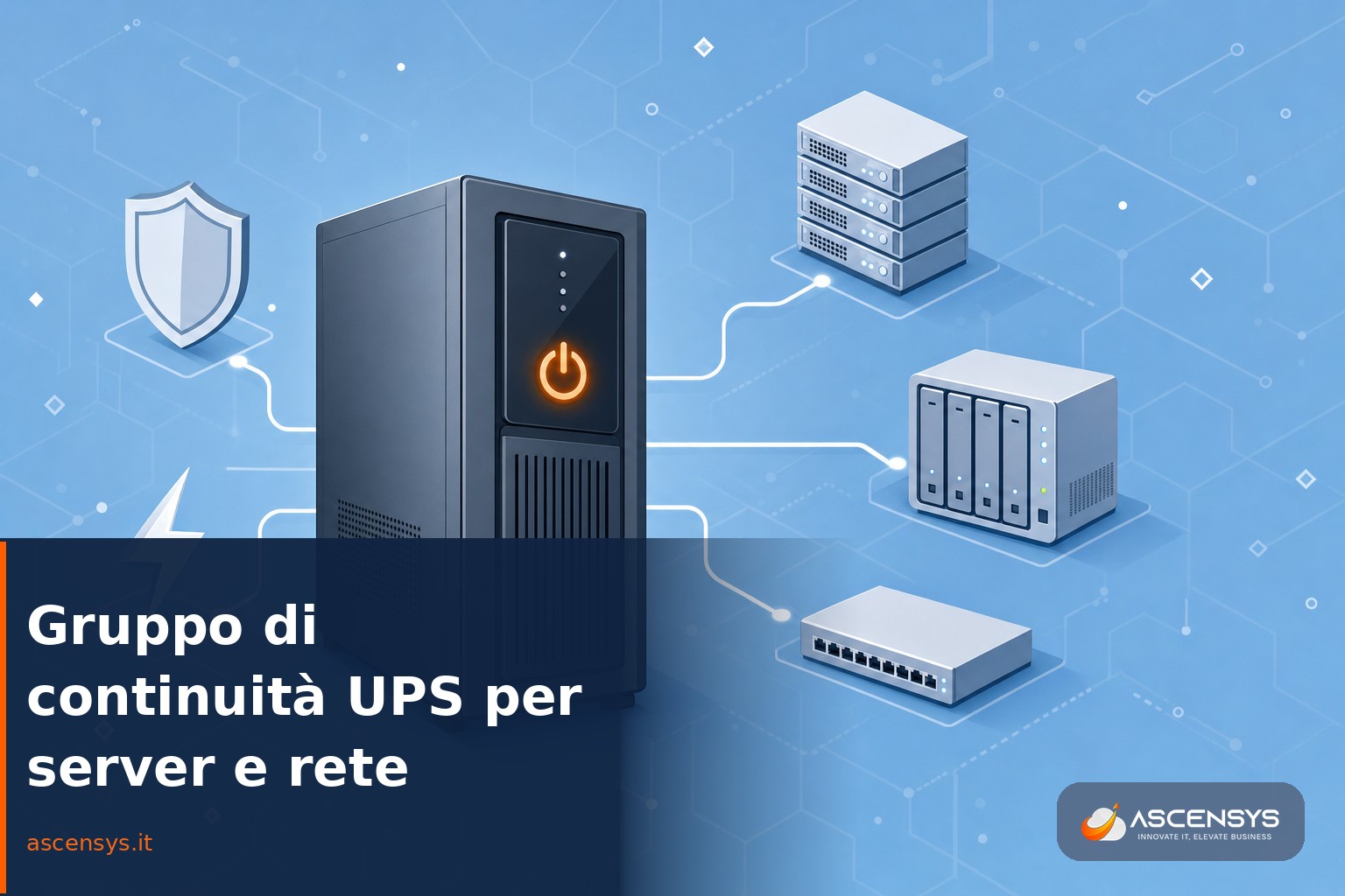 Illustrazione di un gruppo di continuità UPS che protegge server, NAS e rete di una PMI di Torino durante un blackout elettrico