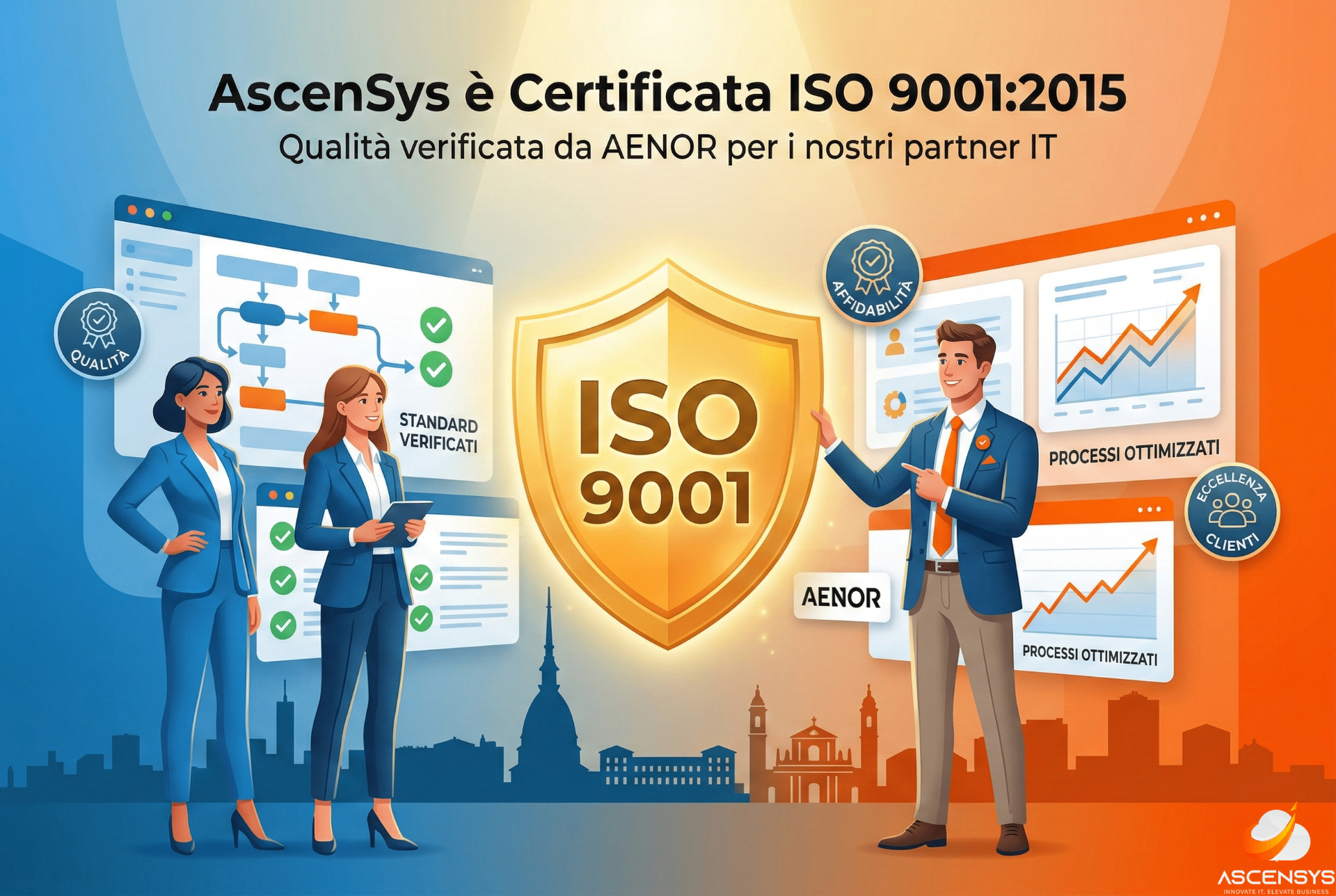 Illustrazione della transizione da gestione aziendale frammentata a sistema integrato certificato ISO 9001 con consulenti IT AscenSys.