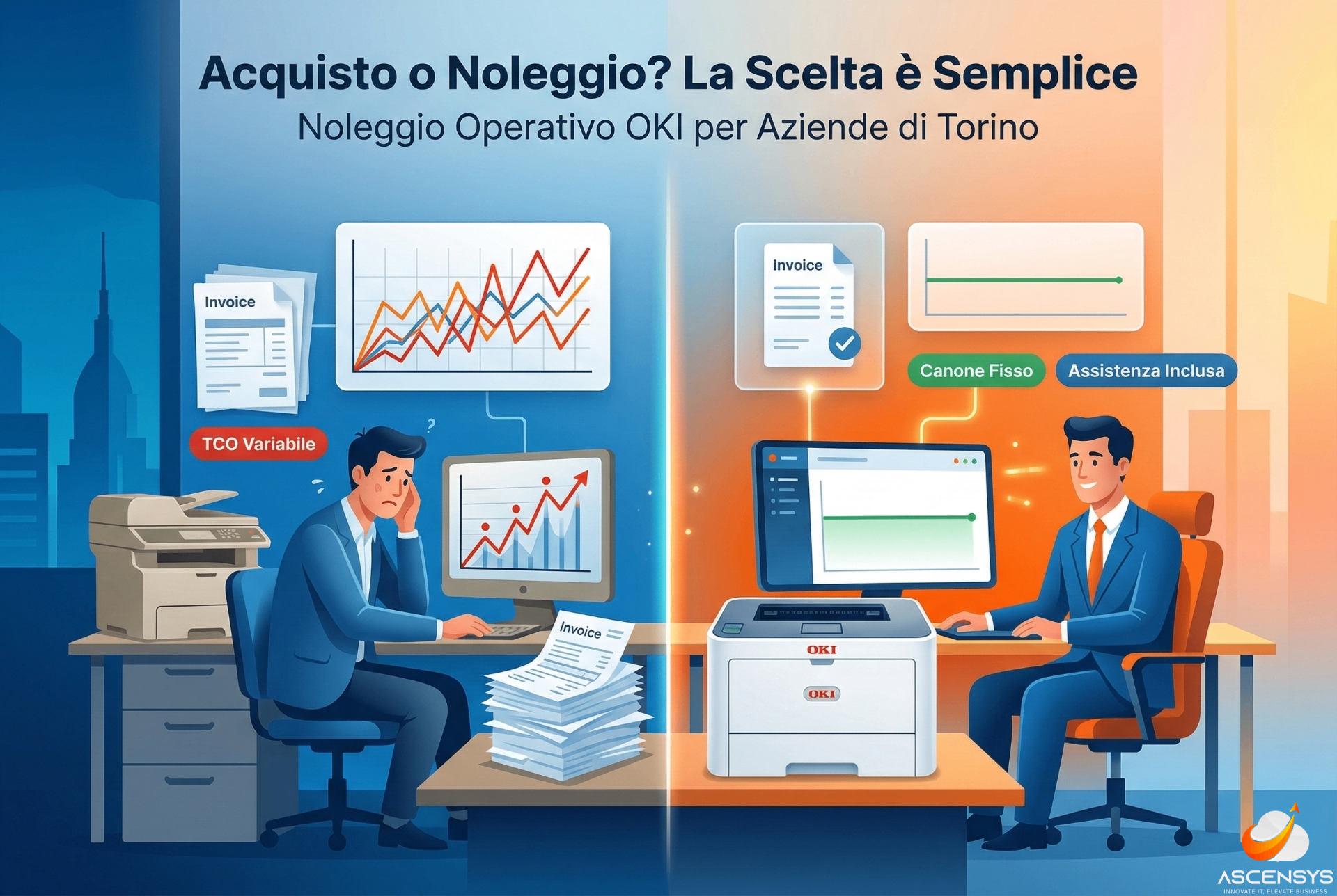 Infografica AscenSys: confronto acquisto e noleggio operativo stampanti OKI per aziende di Torino. Manager stressato vs felice.