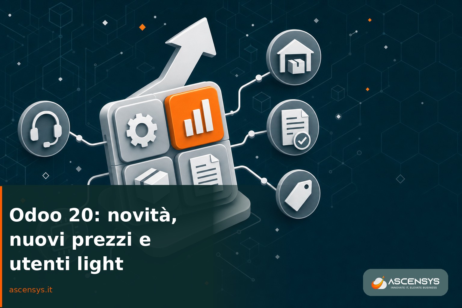 Illustrazione editoriale delle novità di Odoo 20 per le PMI italiane: moduli del gestionale, telefonia, intelligenza artificiale, magazzino e nuovo listino