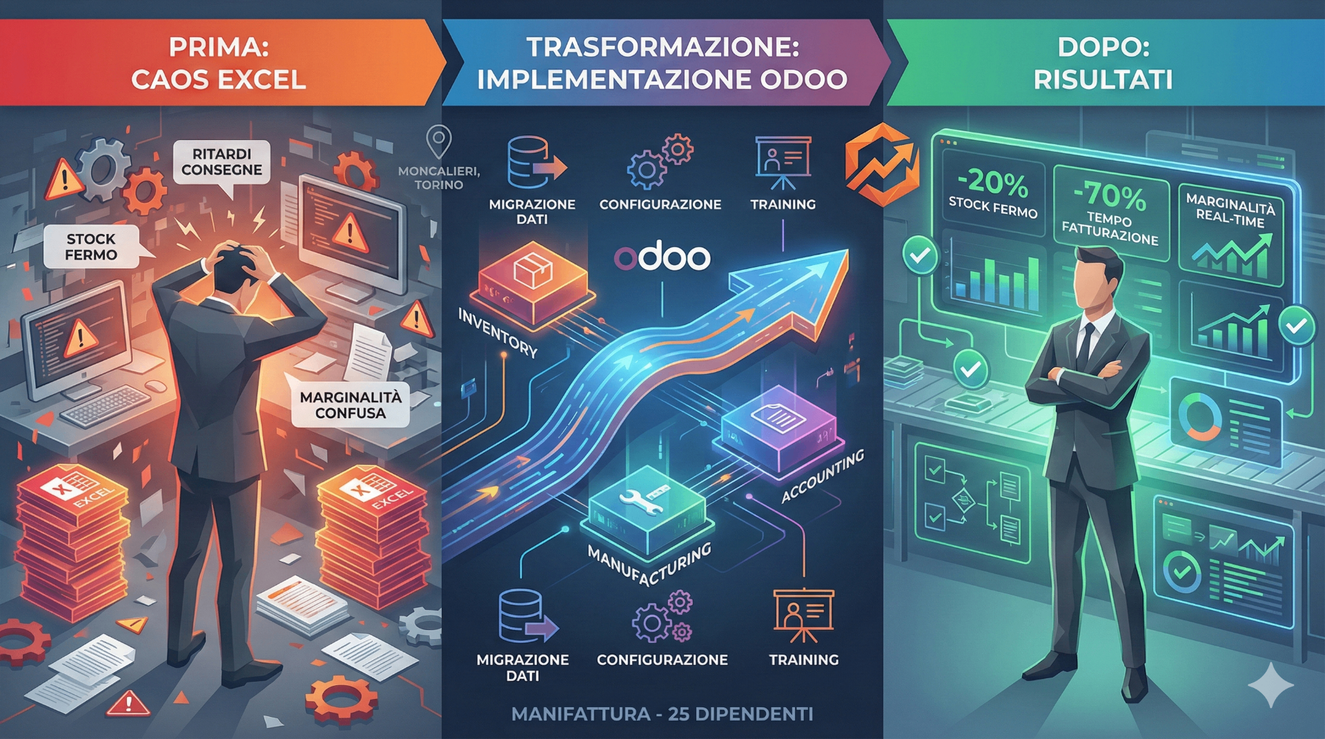 Caso studio AscenSys: implementazione Odoo in azienda manifatturiera di Moncalieri con miglioramento KPI.