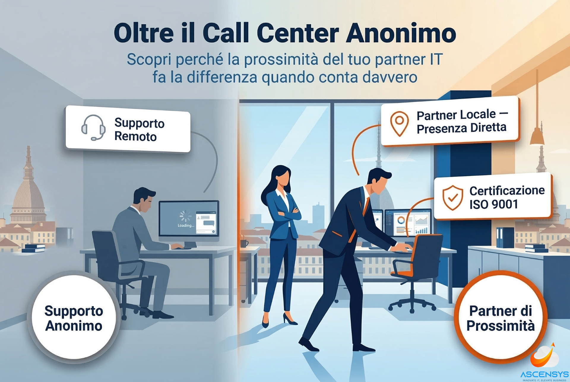 Imprenditore torinese confronta l'assistenza IT remota con il supporto locale on-site AscenSys e certificazione ISO 9001.