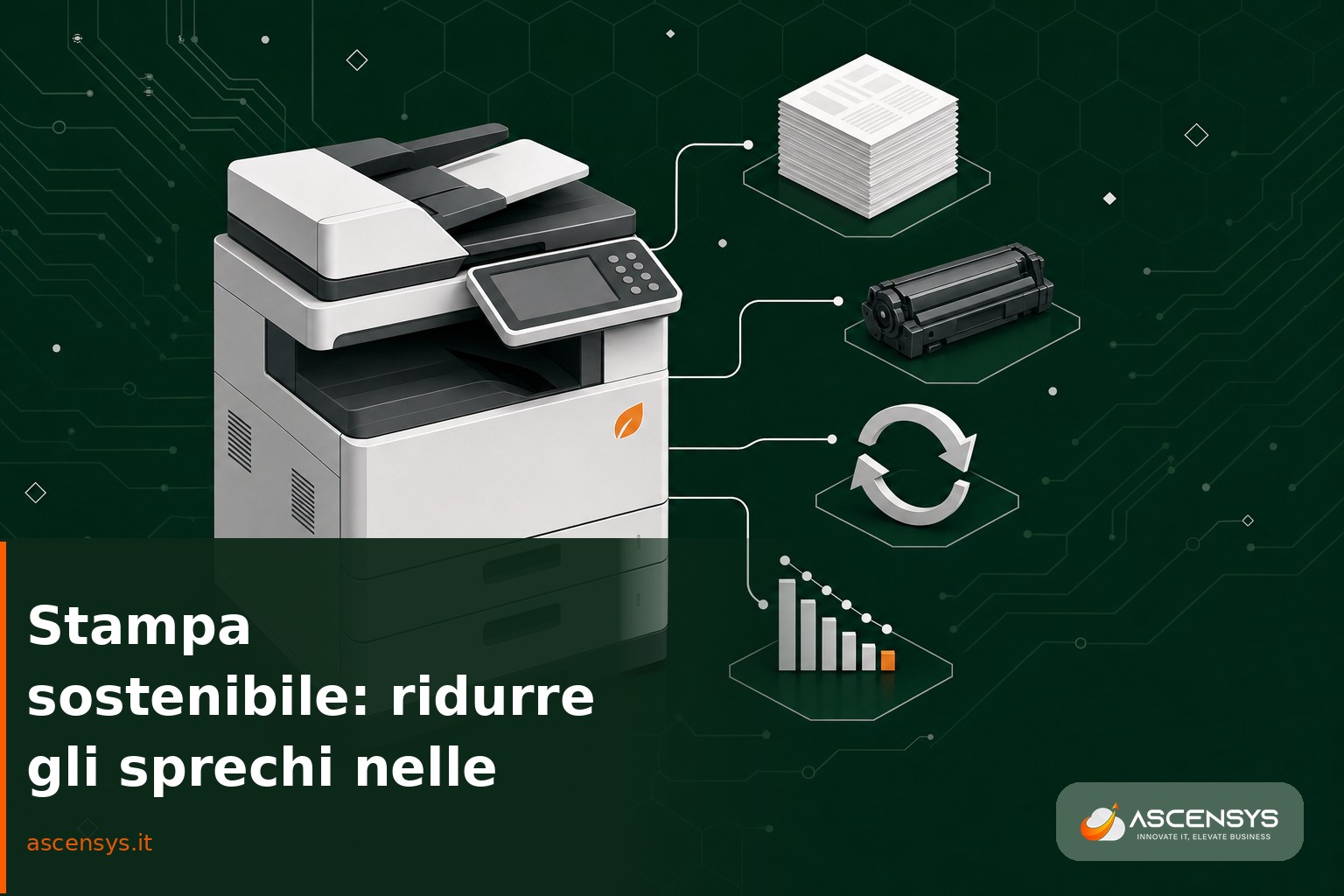 Illustrazione editoriale di una multifunzione aziendale con icone di carta, toner e consumi ridotti per la stampa sostenibile in una PMI di Torino