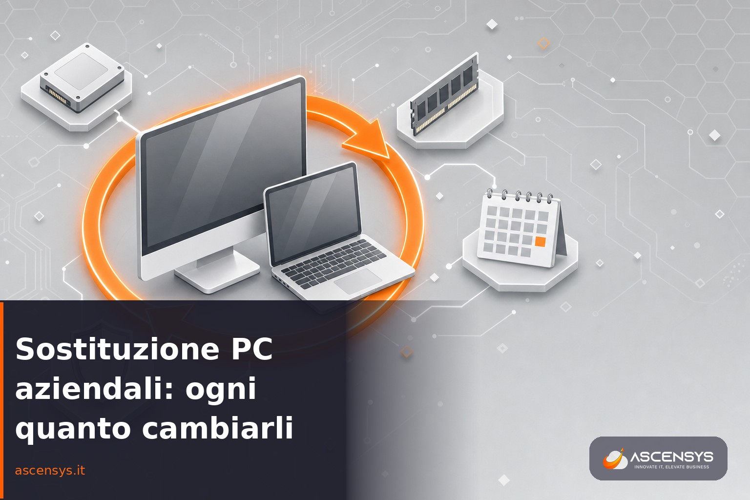 Illustrazione editoriale di un computer aziendale con freccia di rinnovo ciclico e icone di SSD, RAM e calendario per una PMI di Torino