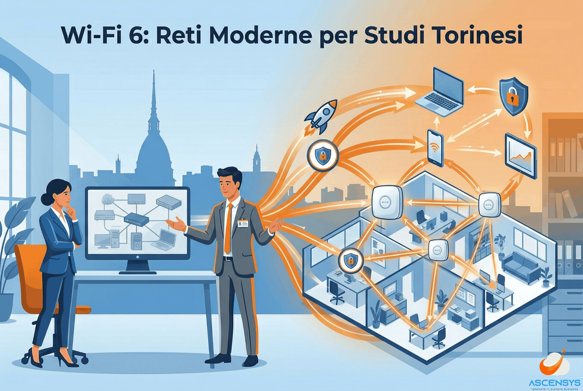 Consulente AscenSys mostra a professionista torinese la trasformazione della rete Wi-Fi dello studio in mesh Wi-Fi 6 dinamico e performante.